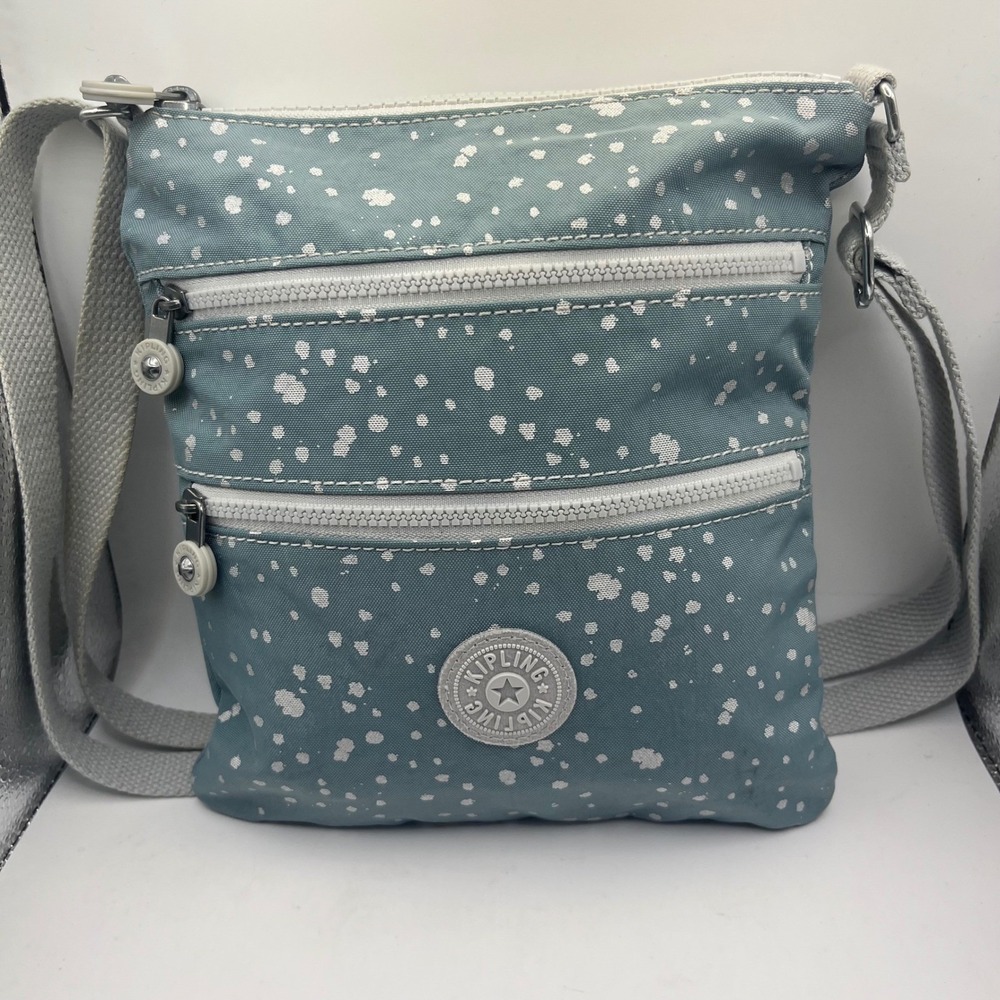 Kipling Teal White Speckled Canvas Crossbody Bag Adjustable Strap Zip Pockets‎